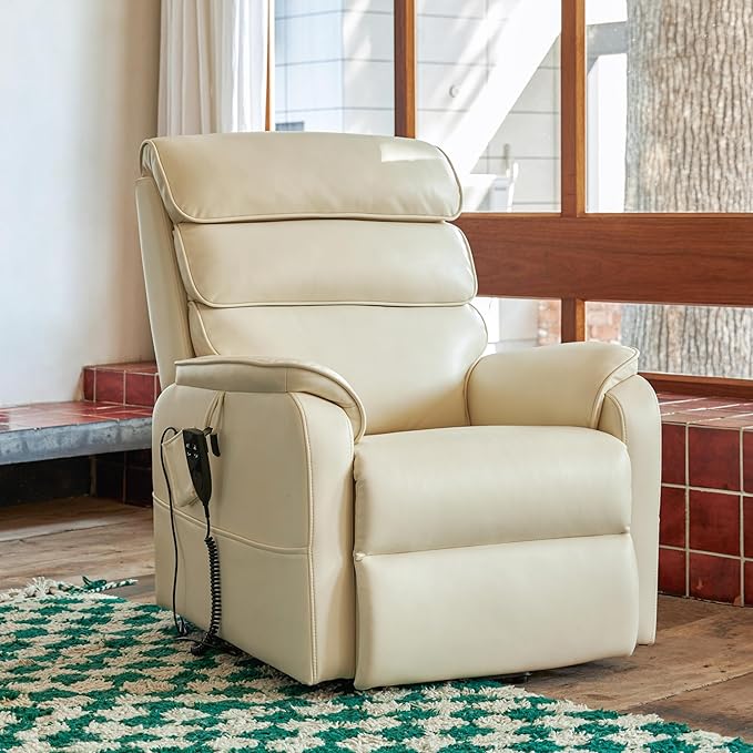 DYNOX 350 LBS Power Lift Recliner Chair for Elderly, Medium Size Dual Motor Lay Flat Infinite Positions Recliner with Heat & Massage(9188,Faux Leather,Cream)