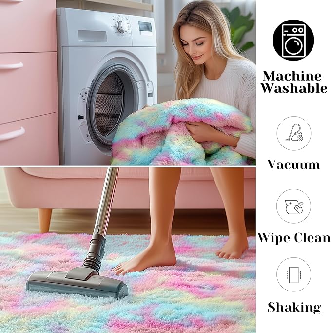 ONASAR Rainbow Area Rugs for Girls Bedroom, 4x6 Fluffy Bedside Colorful Rug, Cute Washable Soft Plush Shaggy Princess Fuzzy Indoor Floor Carpet for Nursery Kids Baby Teen Dorm Playroom Home Decor