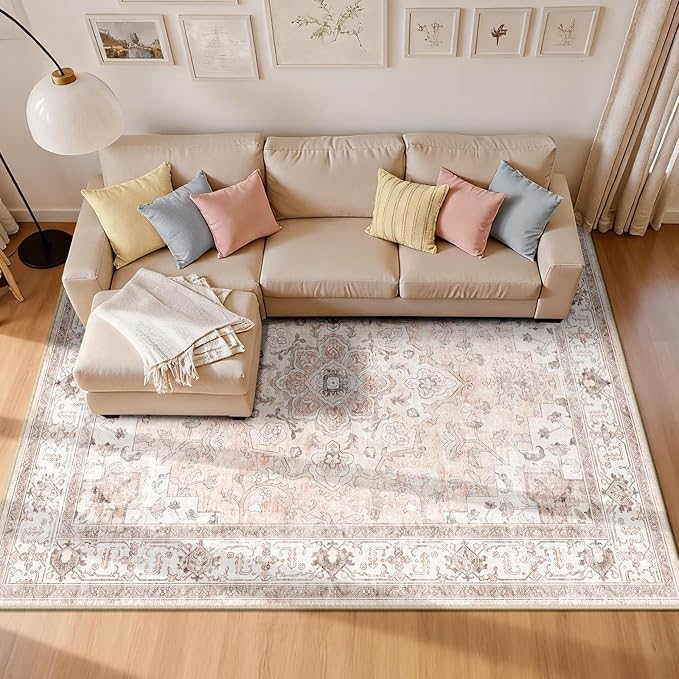 Machine Washable Rugs Nursery Rug 9x12 Area Rugs Girl Non Slip Low Pile Water Repellent Soft Print Pattern for Bedroom Indoor Decor Kids Playroom Pink