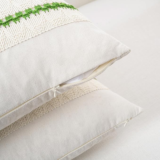 Fancy Homi Set of 2 Boho Lime Green Decorative Throw Pillow Cover 20x20 Inch for Couch Bed Sofa, Aesthetic Modern Organic Farmhouse Home Decor, Soft Cotton Cute Accent Macrame Woven Cushion Case