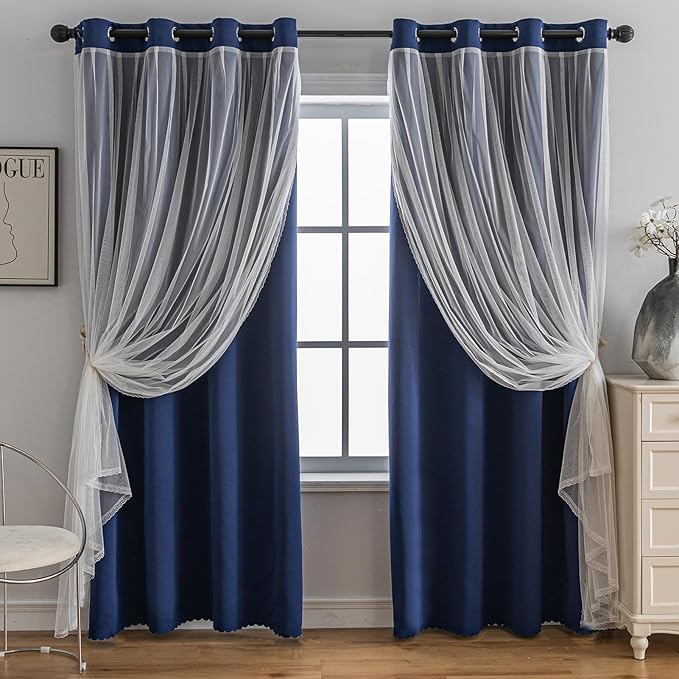 Anytime Home Curtains Blackout and Sheer Layered Solid Window Curtain Panel Pair with Grommet Top, 52Wx72L,Navy Blue