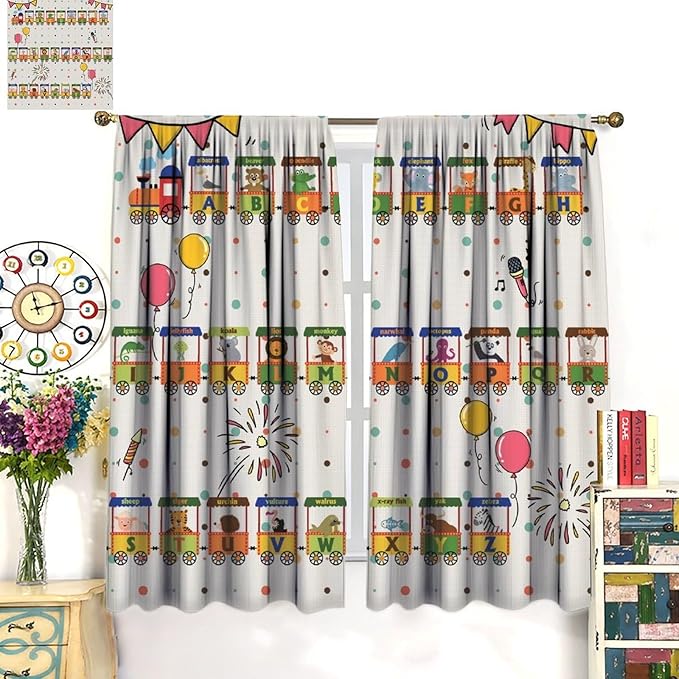 Alphabet Train Kids Curtain Animals Alphabet Children Teens Early Learning Printed Rod Pocket Window Treatments for Classroom Bedroom Nursery Playroom Decor 42" W X 45" L