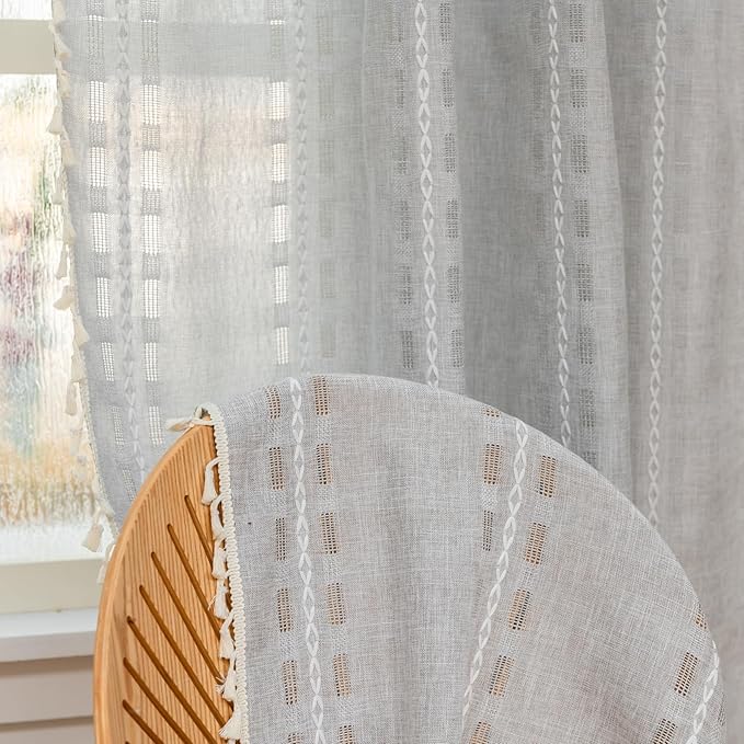 Deeprove Silver Grey Boho Curtain 96 inches Length for Living Room Bedroom Nursery Doorway, Sheer Bohemian 96 inches Long, Stripe Embroidery Privacy Window Fringe Christmas Decor W52 x L96, 1 Panel