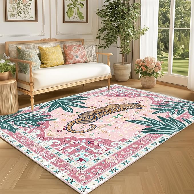 Washable Non-Slip 5x8 Pink Tiger Rug for Girls Room Bedroom Dining Room Boho Vintage Tropical Animal Print Jungle Rug Soft Cozy Cute Whimsical Woodland Carpet for Playroom Living Room