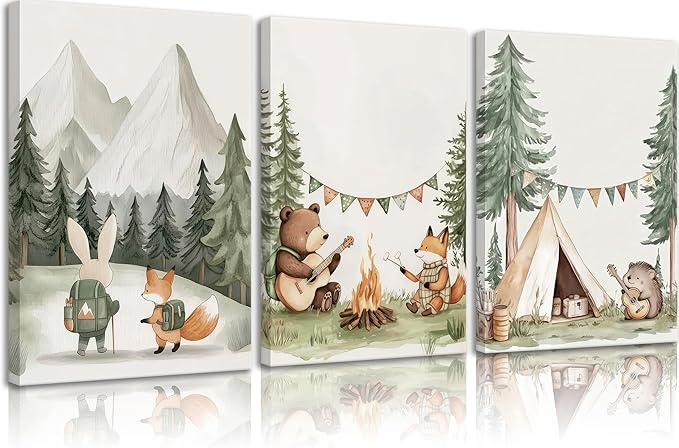 Woodland Animal Nursery Canvas Wall Art Fox Bear Rabbit Hedgehog Paintings Pictures Safari Nursery Wall Decor Forest Animals Camping Campfire Poster Print Artwork for Boys Kids Room Home Decoration