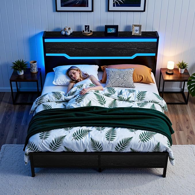 Full Size Bed Frame with LED Lights & Charging Station, Bed Frame Full with Headboard,13" Under Bed Storage, Noise-Free Heavy Duty Metal Support, Modern Black