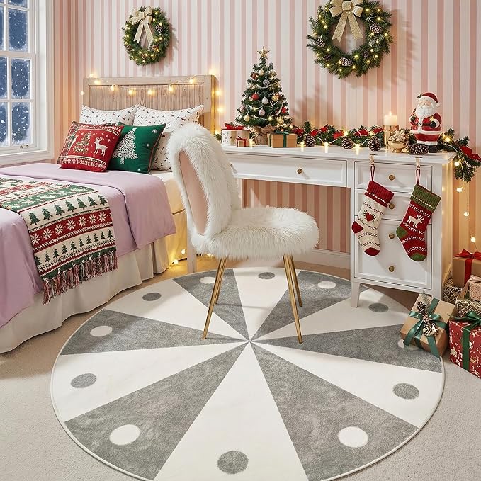 jinchan 5ft Round Rug Grey Washable Fun Cute Playroom Mat Non Slip Cheerful Circle Cool Rug Soft Cozy Low-Profile Gray Playful Carousel Throw Carpet for Kids Gift Teens Dorm Entryway Bedroom