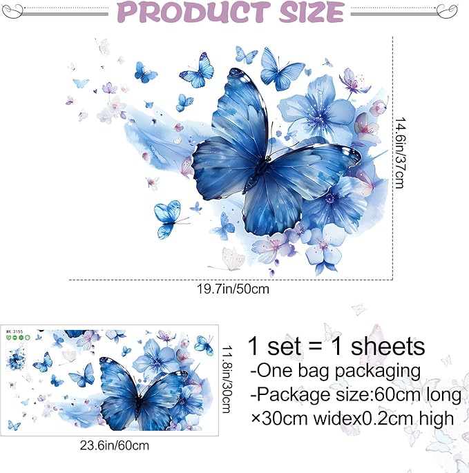 Blue Butterfly Wall Decals Removable Butterfly Flower Wall Stickers Peel and Stick Butterflies Wall Decor Stickers for Kids Girls Bedroom Nursery Bathroom Decorations MK3155