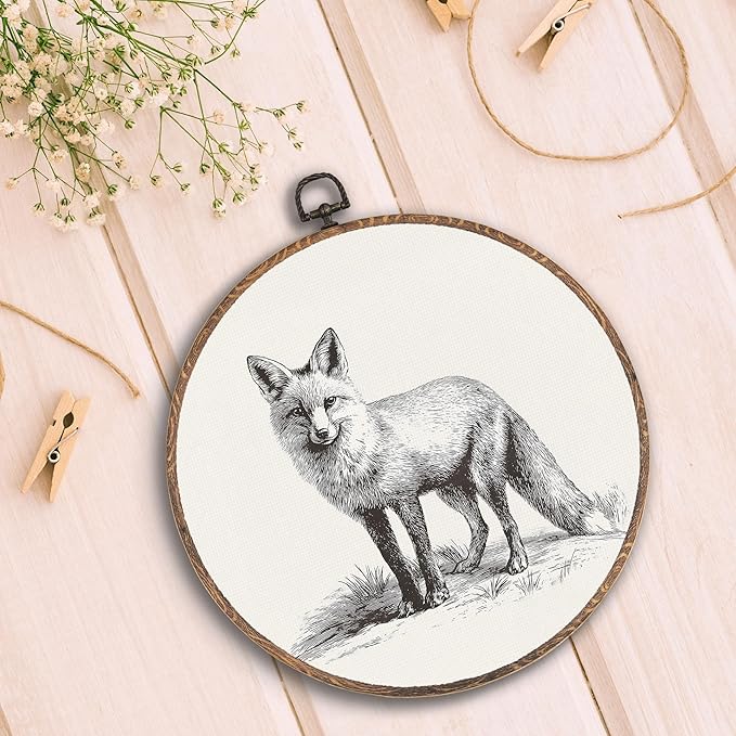 Vintage Fox Round Wall Art Framed, Cottagecore Round Wall Decor, Retro Animal Farmhouse Hanging Canvas Prints Wall Sculptures for Home Nursery Bedroom Decor, 10x10 Inch