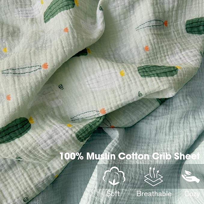 Little Grape Land Muslin Crib Sheets Fitted for Boys and Girls 2 Pack, 100% Cotton Baby Bed Sheets Soft Breathable, Neutral Fitted Baby Mattress Sheets for Standard Crib 52x28 inches, Cactus