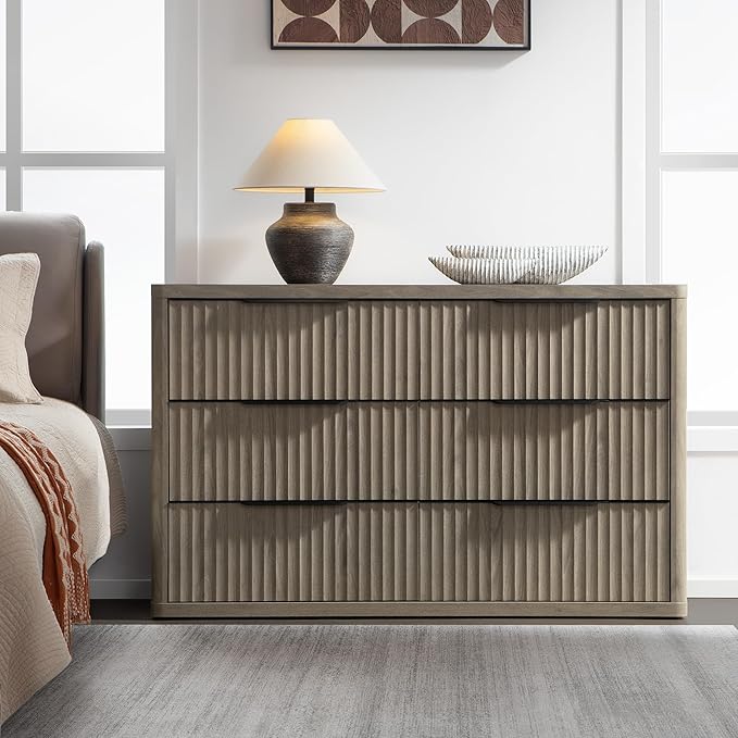 SICOTAS Dresser for Bedroom 107" Wide 6 Drawer Dressers & Chests of Drawers for Closet Long Large Modern TV Stand Set for Clothes Storage Fluted Clothes Closet for Hallway Entryway, Grey Alder