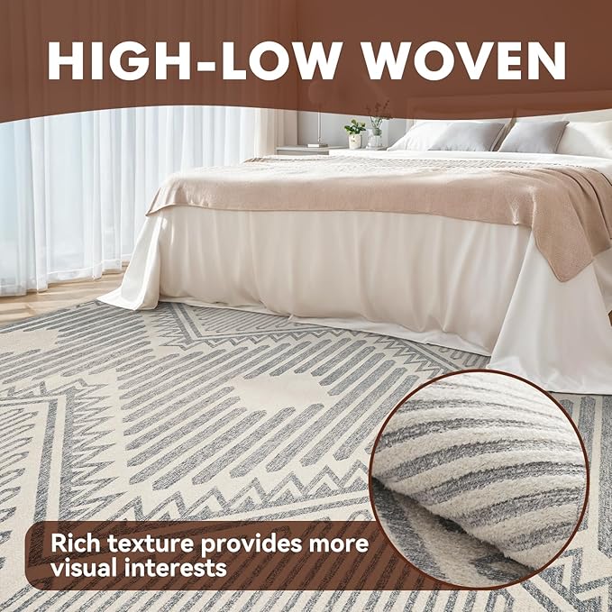 Silver Grey Boho 5x7 Area Rugs Textured Tufted Rugs for Living Room Bedroom Rug-Carpet Washable Neutral Modern Geometric Moroccan Aztec Rug