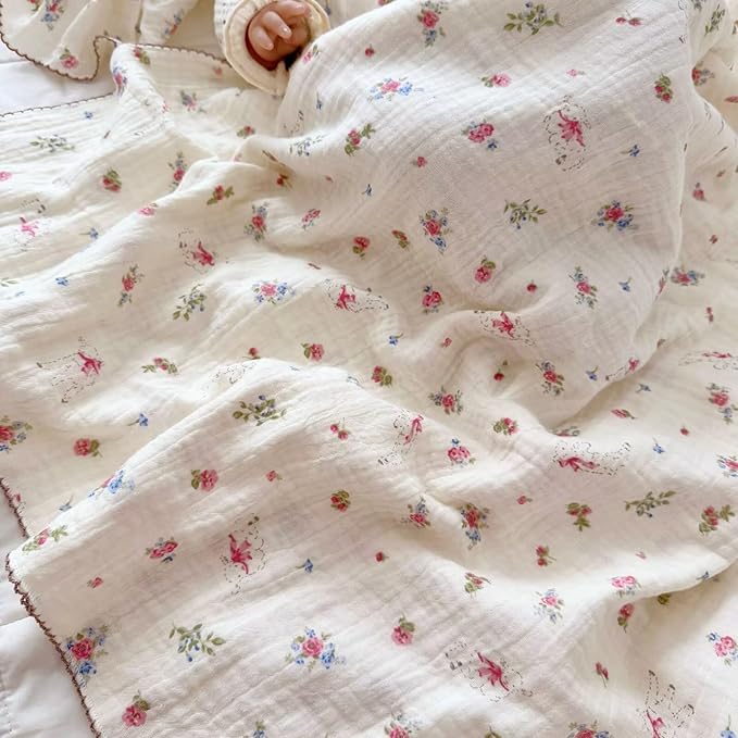 BuLuTu Muslin Cotton Baby Blanket, Cute Sheep Pink Floral Print, Large Crib Toddler Bed Blanket 47x51 Inch, Shabby Chic Style Nursery Blankets for Girls Boys, Soft Breathable
