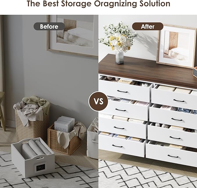 Farmhouse 8 Drawer Dresser for Bedroom, 52" Wide Chest of Drawers, Wooden Dresser TV Stand, Storage Dressers Organizer for Bedroom, Living Room, Hallway, White