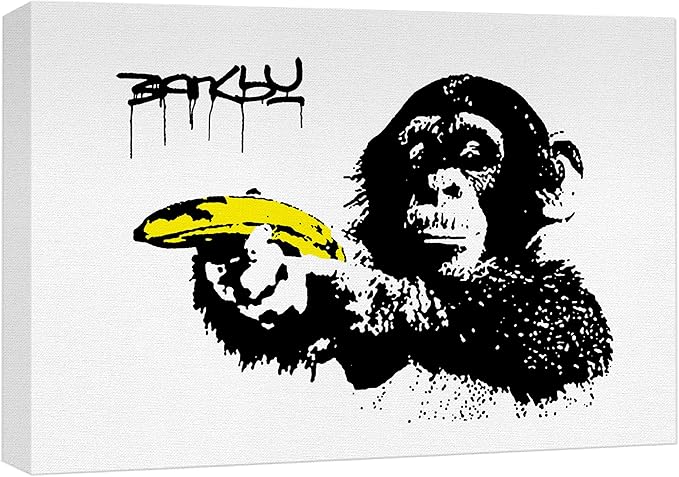 SIGNWIN Framed Canvas Wall Art Banksy Monkey with Banana Print Graffiti & Street Art Famous People Pop Art Modern Urban Multicolor for Living Room, Bedroom, Office - 24x36 inches
