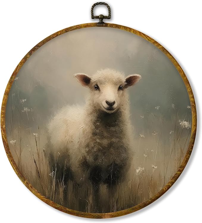 Hiuwevt Vintage Sheep Round Wall Art Decor, Neutral Cottagecore Lamb Framed Canvas Prints, Rustic Farmhouse Animal Round Wall Hanging Decor for Farm Home Living Room Decorations, 10x10 Inches