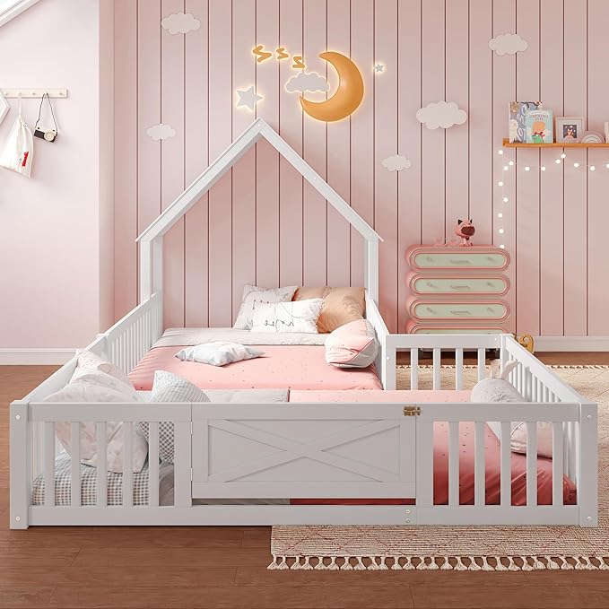 Harper & Bright Designs Full Size House Shaped Double Floor Bed with Door and Full-Length Guardrails, Solid Wood Kids Montessori Floor Bed for Girls Boys, Multi-Function, White