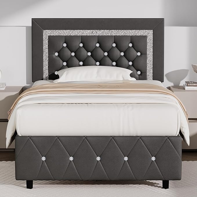 BarnFurin Twin Bed Frame with Diamond Tufted Headboard, Faux Leather Upholstered Bed with Wooden Slats Support, No Box Spring Needed, Mattress Foundation, Easy Assembly, Grey