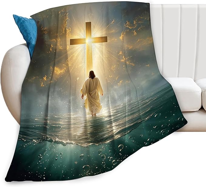 Jesus Christian Throw Blanket Jesus Walking on Water Fleece Blanket Christ Cross Religious Soft Cozy Fuzzy Plush Warm Stuff Bedding Blankets Gifts for Boys Girls Kids Adult Men Women 50"X60"