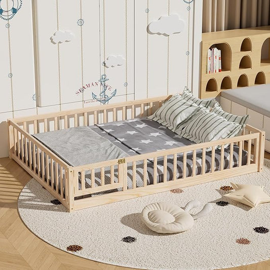 i-POOK Queen Floor Bed for Children, Sturdy Wood Montessori Bed Frame with Wood Slats, High Fence & Small Door, Montessori Floor Bed for Girls and Boys, Natural