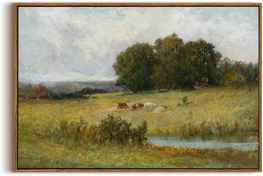 OIQArtOIQ Vintage Landscape Canvas Wall Art Framed Natural Scenery Painting Artwork Prints France Country Wilderness Farmhouse Decor Pictures Kitchen Bedroom Living Room Bathroom