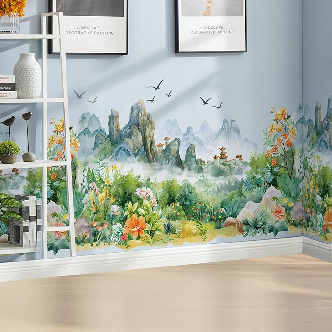 AM AMAONM Chinese Style Nature Mountain Landscapes View Wall Stickers Watercolor Green Plants Flowers Wall Decals 3D Peel and Stick Wall Art Decor for Nursery Home Wall Corner
