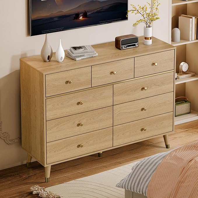 9 Drawers Dresser for Bedroom,35.4" Tall Wood Rustic Modern Chest of Drawers with Natural Texture,with Anti-Tipping Device, Storage Dressers Organizer for Bedroom, Living Room,Oak