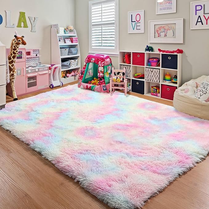 ONASAR Rainbow Area Rugs for Girls Bedroom, 4x6 Fluffy Bedside Colorful Rug, Cute Washable Soft Plush Shaggy Princess Fuzzy Indoor Floor Carpet for Nursery Kids Baby Teen Dorm Playroom Home Decor