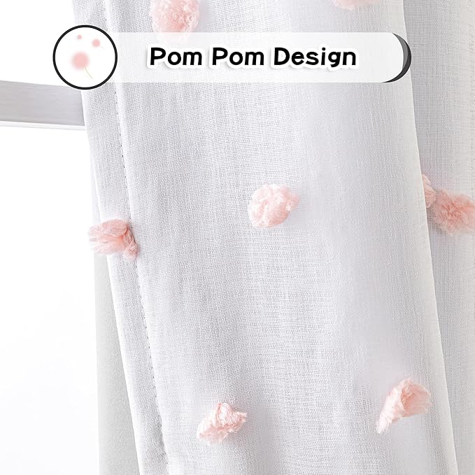 MYSKY HOME Total Blackout Curtains for Living Room 108 Inch Long 100% Light Blocking Curtains for Bedroom 2 Panels Set Privacy Protect Grommet 2 Layered Drapes with Pink Pom Pom Sheer 52W x 108L