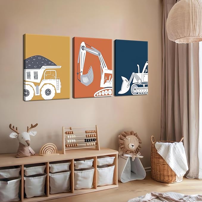 AKWISH Framed Nursery Construction Truck Wall Art Set of 3 – Cute Excavator Tractor Dump Truck Canvas Prints, Boys Bedroom and Baby Room Wall Decor, Playroom Vehicle Artwork – 16x24in