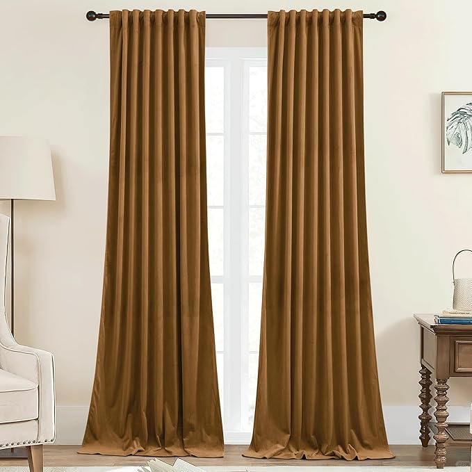 StangH Gold Brown Velvet Blackout Curtains Luxury Back Tab Thermal Insulated Window Drapes for Bedroom Living Room Halloween Autumn Holiday Decor, W42 x L84, 2 Panels