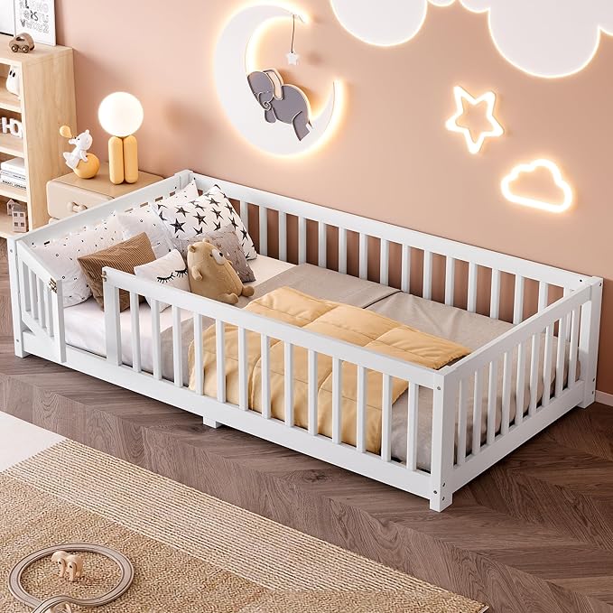 Bellemave Twin Size Floor Bed with Rails for Kids, Girls, Boys, Pine,Plywood Floor Bed with slats and Door, White