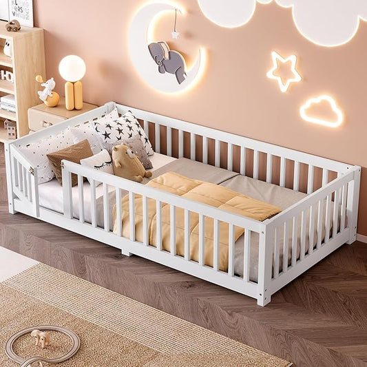 Twin Size Floor Bed with Fence and Lockable Door, Wood Montessori Bed Frame with Slat Support for Kids,Boys,Girls,Easy Assembly, White