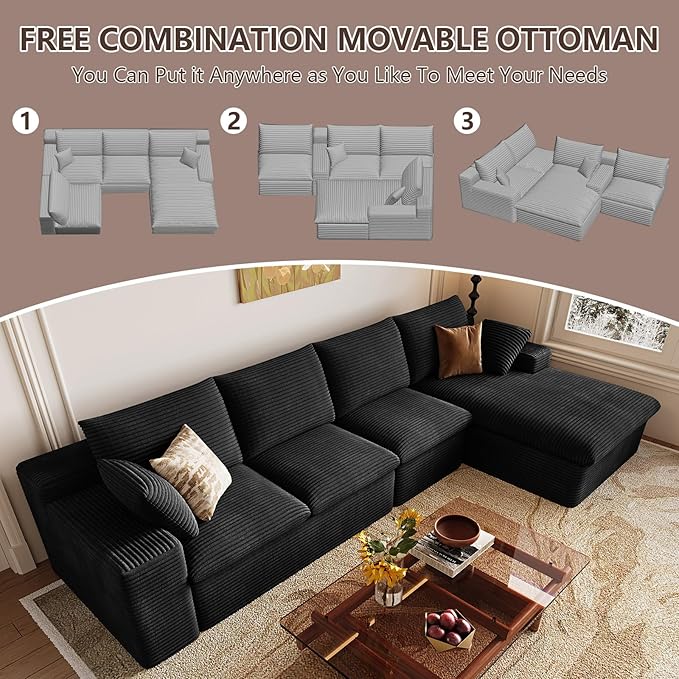 Cloud Sectional Couch,136 Inch Modular Sectional Sofa with Deep Seat, Modern Corduroy Boneless Couches with L-Shape Chaise for Living Room Bedroom, No Assembly Required (Black, Right Facing Chaise)