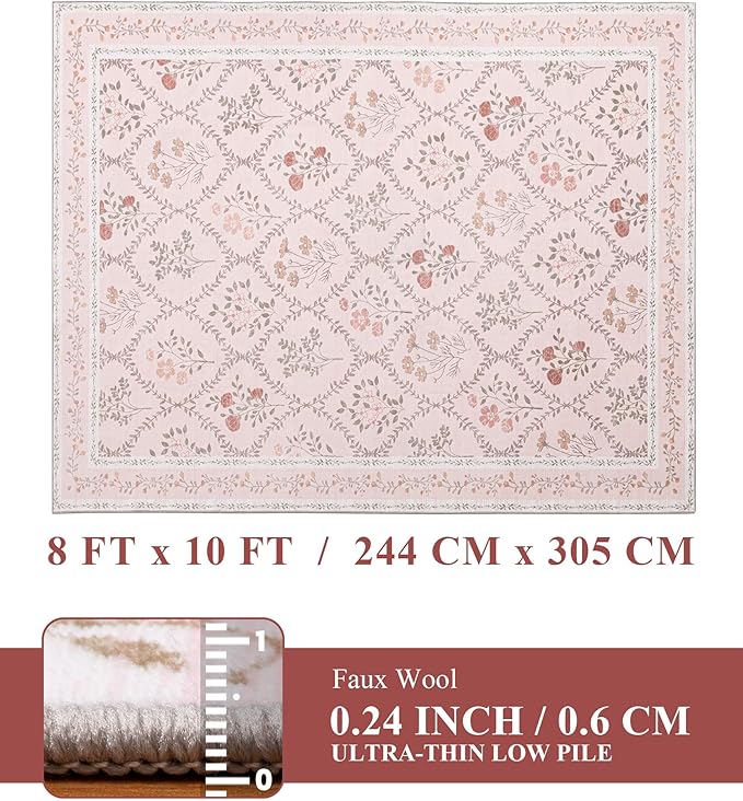YIHOUSE 8x10 Washable Rug for Living Room, Pink Floral Rugs for Bedroom Boho Area Rug Non Slip Ultra-Thin Large Rug for Kids Playroom, Classroom, Girls Dorm, Nursery, Pink Multi