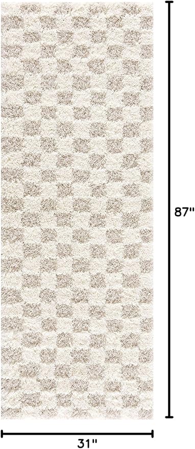 BoutiqueRugs Atira Modern Checkered Shag Runner Rug - High Pile Fluffy Shaggy Carpet - Kids Room, Hallway, Kitchen, Bathroom - Beige, Cream, White - 2'7" x 7'3" (2x8)