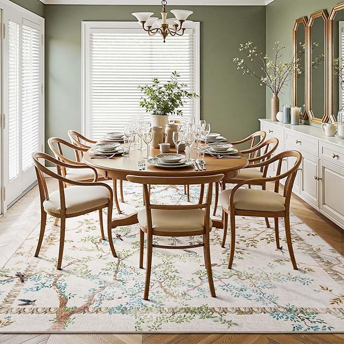 jinchan Yarden Botanical Birds 8x10 Ivory Area Rugs for Living Room Washable Non Slip Soft Nature Plants Modern Kids Carpet Vintage Ultra Thin Low Pile Indoor Rug for Bedroom Nursery Playroom