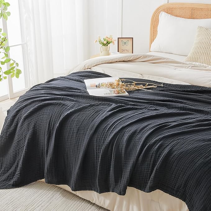 EMME Cotton Muslin Twin XL Blanket Breathable Gauze Blanket Soft Lightweight Blankets Adults Gifts for Women (Black, 66"x90")