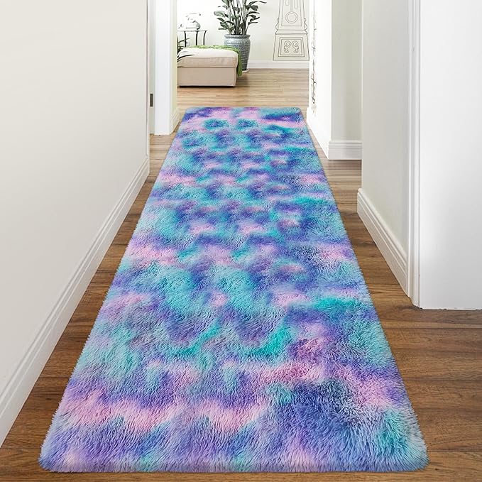 Shaggy Tie Dyed Light Purple Runner Rug 3x10 ft Bedside Area Rugs for Living Room, Anti-Skid Extra Comfy Fluffy Floor Carpet for Indoor Hallway Home Decorative