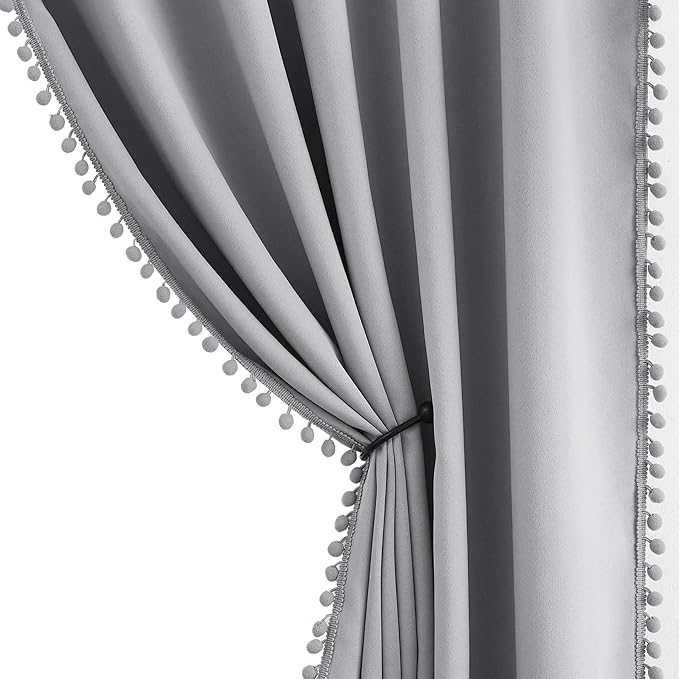 Treatmentex Grey Pom Pom Curtains for Bedroom 63 inch Thermal Insulated Half Blackout Curtain Panels for Living Room Window Drapes Nursery Kids Guest Room 52" w x2 Panels Rod Pocket