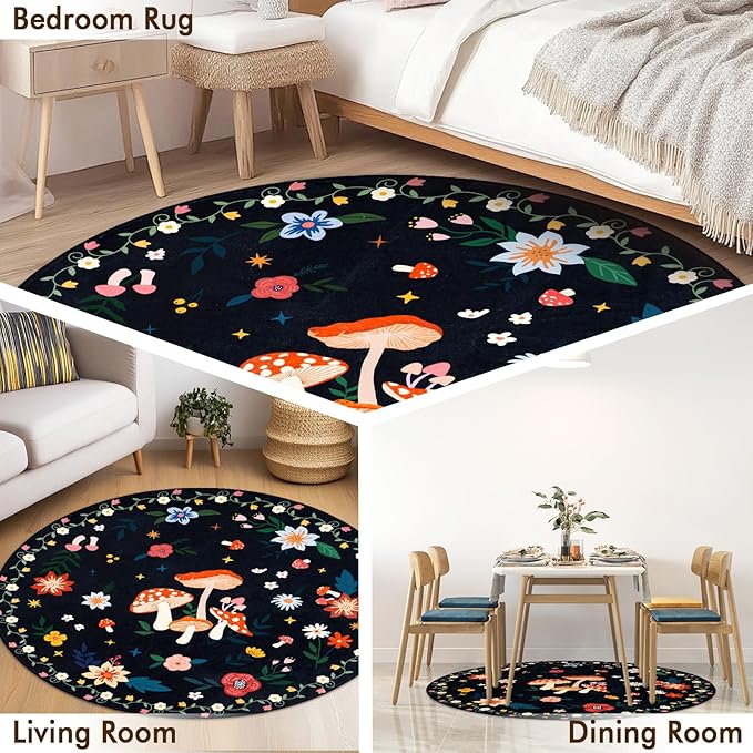 6' Machine Washable Round Area Rug, Non-Slip Vintage Floral Circle Floor Rugs for Kids, Low Pile RoomCarpet for Living Room, Bedroom, Dining Room & Nursery(6' Black Mushroom)