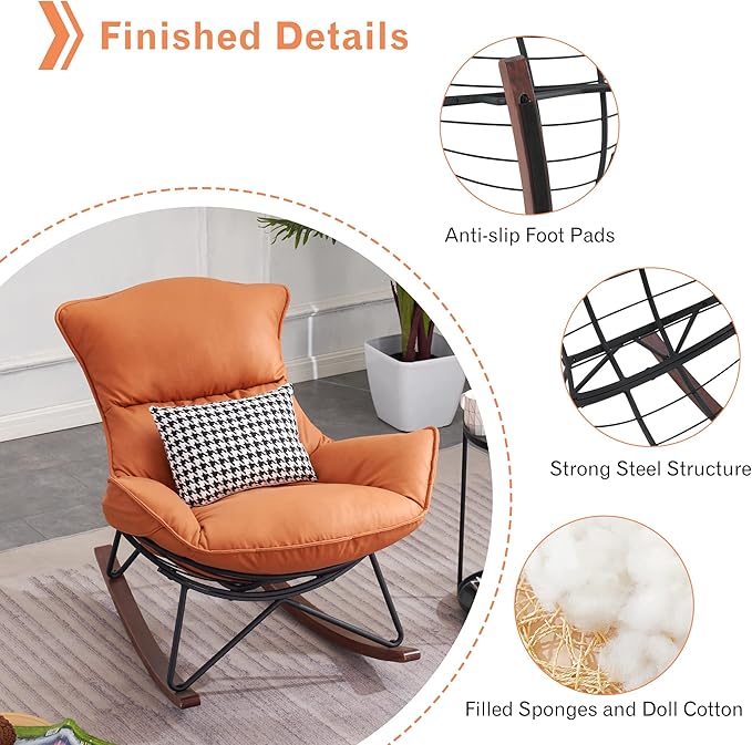 MCombo Modern Rocking Chair, Upholstered Glider Rocker Nursery Accent Chair with Ottoman, Comfy Reading Chairs for Living Room Bedroom Offices HQ203 (Orange)