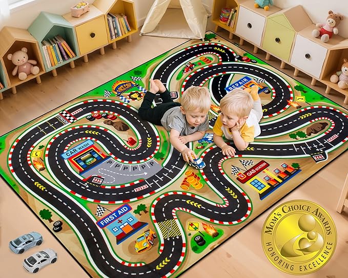 Kids Rug, Race Track Baby Play Mats, 5x7 FT Kids Rug for Playroom,Extra Thick (0.4in) Realistic 3D Cascading Surround Route, Great for Playing with Cars and Toys, Non-Slip Car Carpet