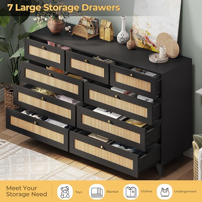 AOGLLATI Black Rattan Dresser for Bedroom with 9 Drawer, Modern Double Wooden Long Bedroom Dresser, Chest of Drawers with Metal Handle & Solid Wood Legs for Bedroom/Living Room, Black