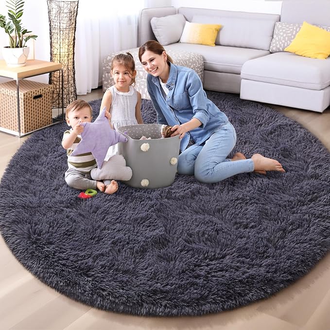 EVOIONOS Grey Purple Round Rug for Living Room, 6x6 Ft Fluffy Soft Circle Area Rugs for Bedroom, Plush Shaggy Circular Carpet for Indoor Floor Bedside Kids Nursery, Home Decor Aesthetic
