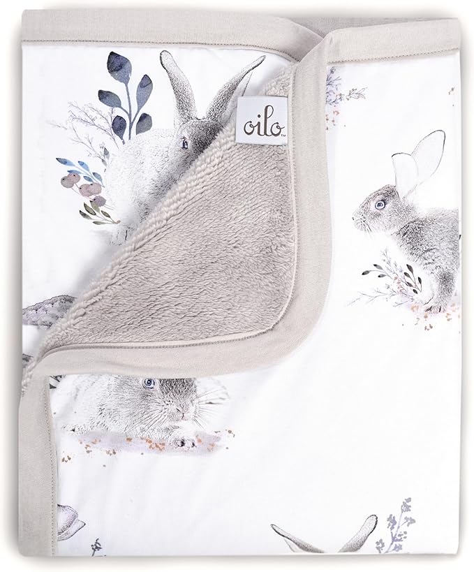 Oilo Baby Blanket, Luxury Soft Plush Chenille Backing & Turkish Cotton Jersey Print, Double Layered, 30" x 40", Rolled Jersey Edge Trim, Machine Wash, Perfect for Infant or Toddlers, Cottontail Bunny