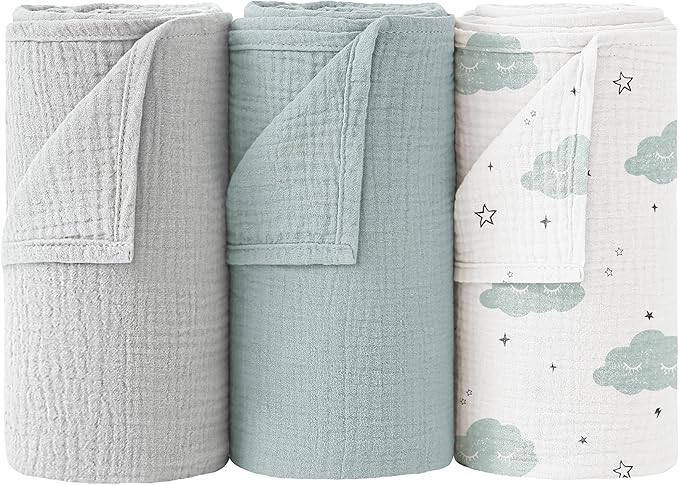 Bearmoss Muslin Swaddle Blankets, 40 x 38 inches Baby Swaddle for Boys and Girls, Soft Baby Blanket, 3 Pack Breathable Nursery Receiving Blankets (Cloud)