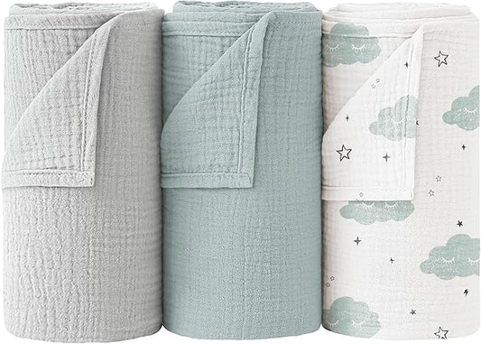 Bearmoss Muslin Swaddle Blankets, 40 x 38 inches Baby Swaddle for Boys and Girls, Soft Baby Blanket, 3 Pack Breathable Nursery Receiving Blankets (Cloud)