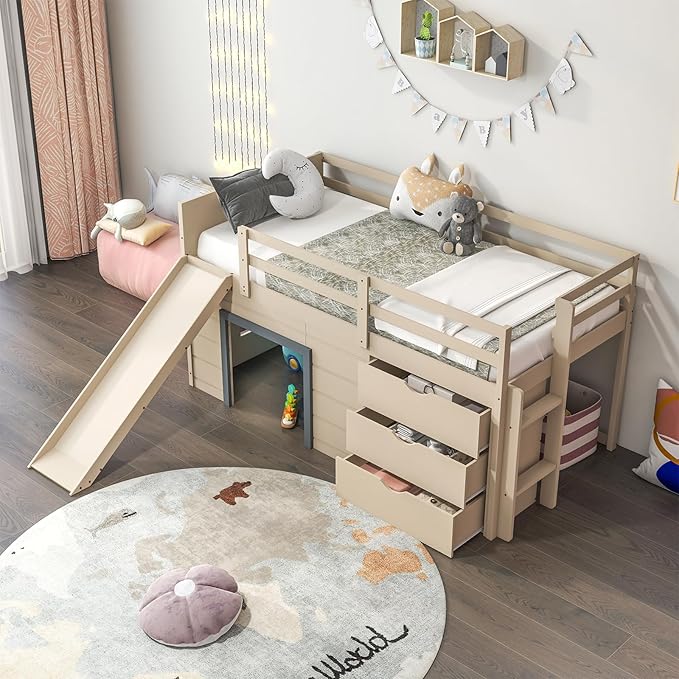 KOMFOTT Twin Low Loft Bed with 3 Storage Drawers & Underneath House, Wood Loft Bed with Slide, Ladder, Guardrails & Under-Bed Play Space, Kids Twin Loft Bed for Girls & Boys, No Box Spring Needed