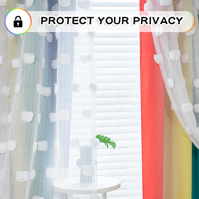 MYSKY HOME Rainbow Pom Pom Sheer and Blackout Curtains Double Layer 84 Inches Long Kids Curtain for Girls Bedroom Living Room Ombre Room Darkening Window Drapes Back Tab 52 x 84 in 2 Panels